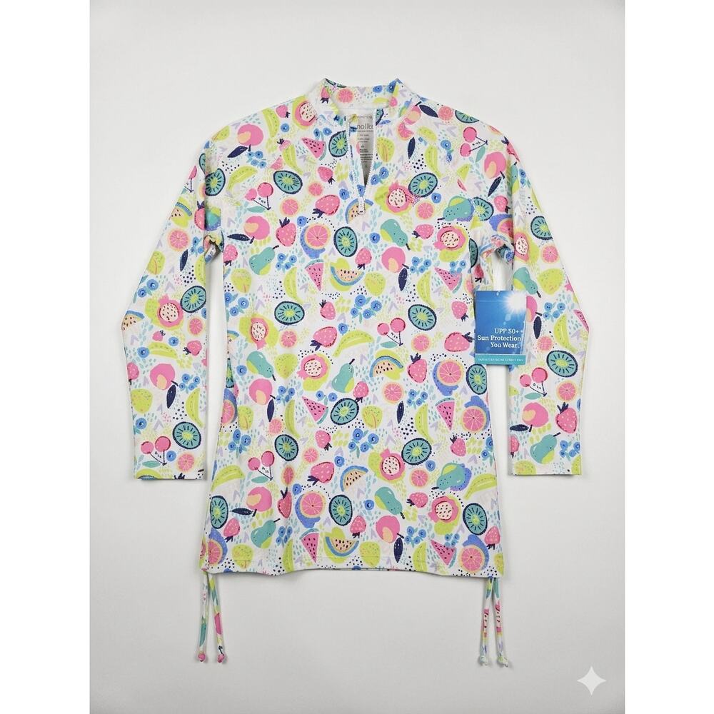 NEW Coolibar L Youth Lawai Ruche Swim Shirt UPF 50+ Rash Guard Tropical Fruit